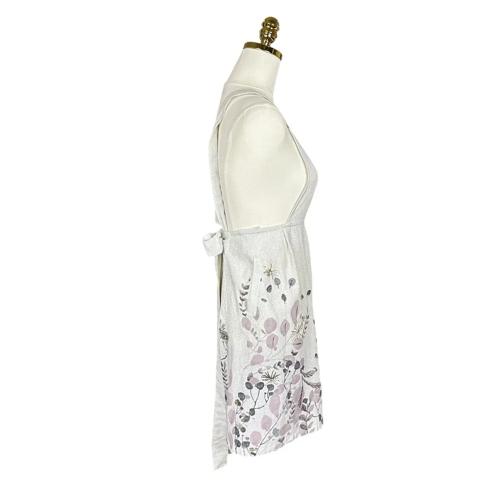 Anthropologie Silver‎ Metallic Botanical Floral Cross Back Kitchen Apron Purple